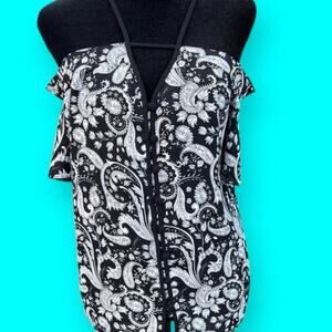 EXPRESS off shoulder top, black paisley top, women's size XS